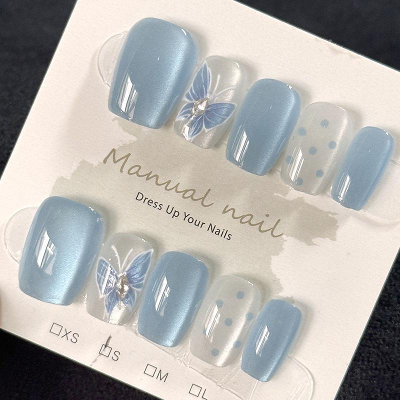 Whitening and High-End Looking Wearable Nails, Dreamy Butterfly Cat-Eye Blue Polka Dot Manicure Nail Patches, Removable Pure Summer Style Whitening and High-End Looking Wearable Nails, Dreamy Butterfly Cat-Eye Blue Polka Dot Manicure Nail Patches, Removable Pure Summer Style