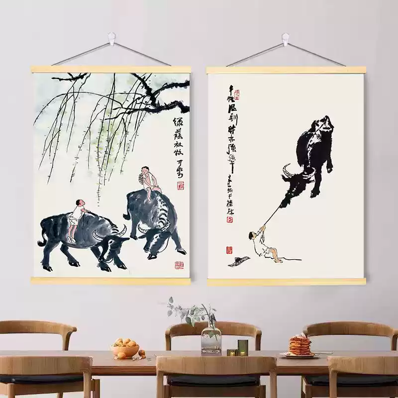 精品國畫李可染手繪牧童圖手繪牛人物畫名人名家字畫裝飾卷軸掛畫-淘寶