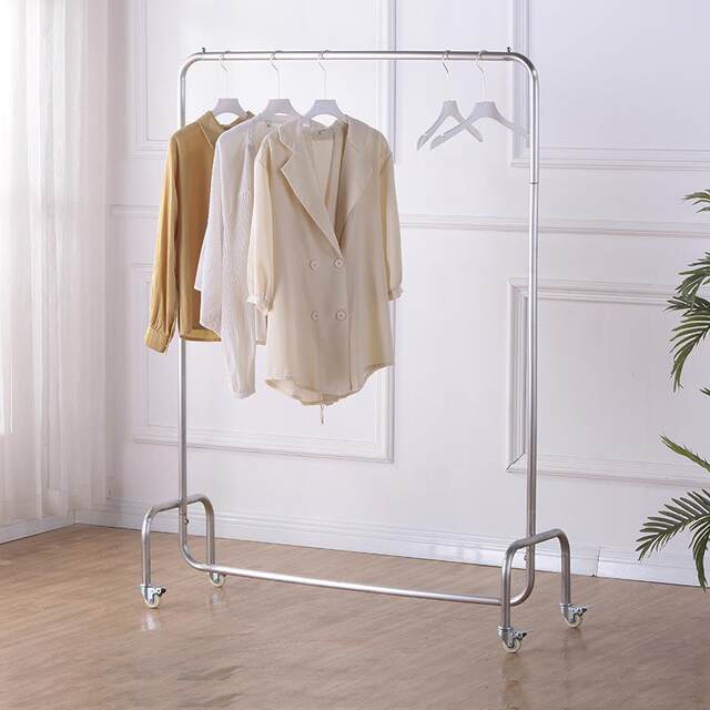 Clothing Store Display Rack Floor-Standing Clothes Hanging Rod Stainless Steel Brushed Silver with Wheels Women's Clothing Store Shelf Display Rack