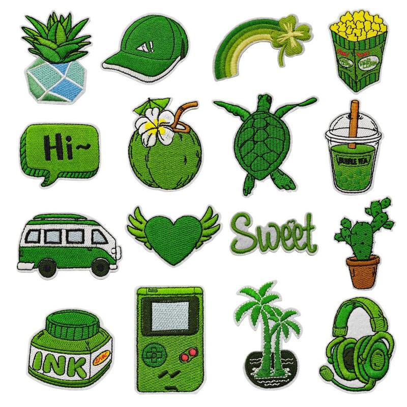 New Artistic and Unique Green Series Fabric Patches with Sea Turtles, Green Plants, and Milk Tea Embroidery for Earphones and Clothing Decoration
