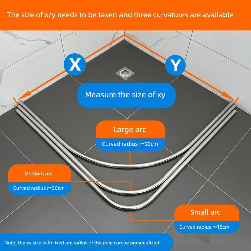 304 Stainless Steel Bathroom Rod Curved Curtain Rod Fan-Shaped L-Shaped Shower Curtain Rod Perforated Bathroom Toilet Curtain