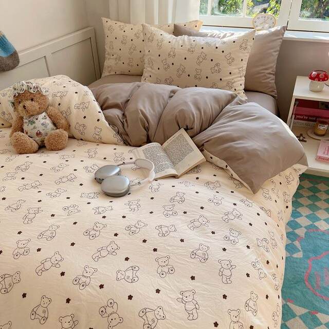 Class a Pure Cotton Four-Piece Bedding Set for Sleeping Naked, Fully Washed Cotton Fitted Sheet Style, Ins-Style Fresh Bed Sheet and Duvet Cover, Dormitory Three-Piece Set