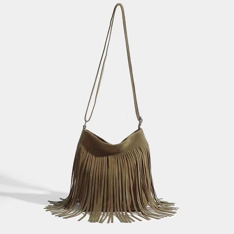 American-Style Bohemian Tassel Bag 2024 New Model 0 Suede Retro Saddle Bag for Trendy Girls, Single Shoulder Crossbody American-Style Bohemian Tassel Bag 2024 New Model 0 Suede Retro Saddle Bag for Trendy Girls, Single Shoulder Crossbody