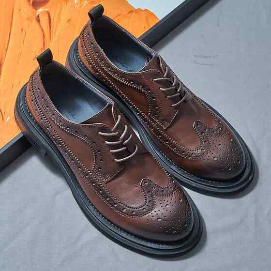 Jixu Big-Toe Leather Shoes Handmade British Round-Toe Brogue Carved Men's Business Formal Wear Casual Thick-Soled Trbottomy