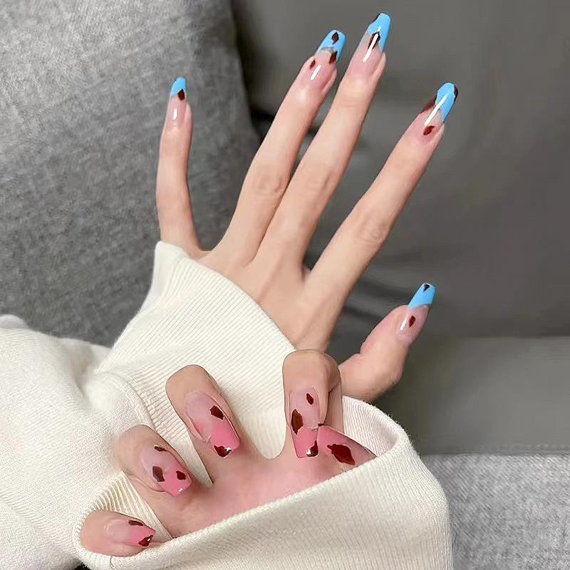 French-Style Wearable Nails in Blue and Red Color Combination, Semi-Transparent, Long-Length Nail Stickers, Finished Fake Nails, Nail Art Products French-Style Wearable Nails in Blue and Red Color Combination, Semi-Transparent, Long-Length Nail Stickers, Finished Fake Nails, Nail Art Products