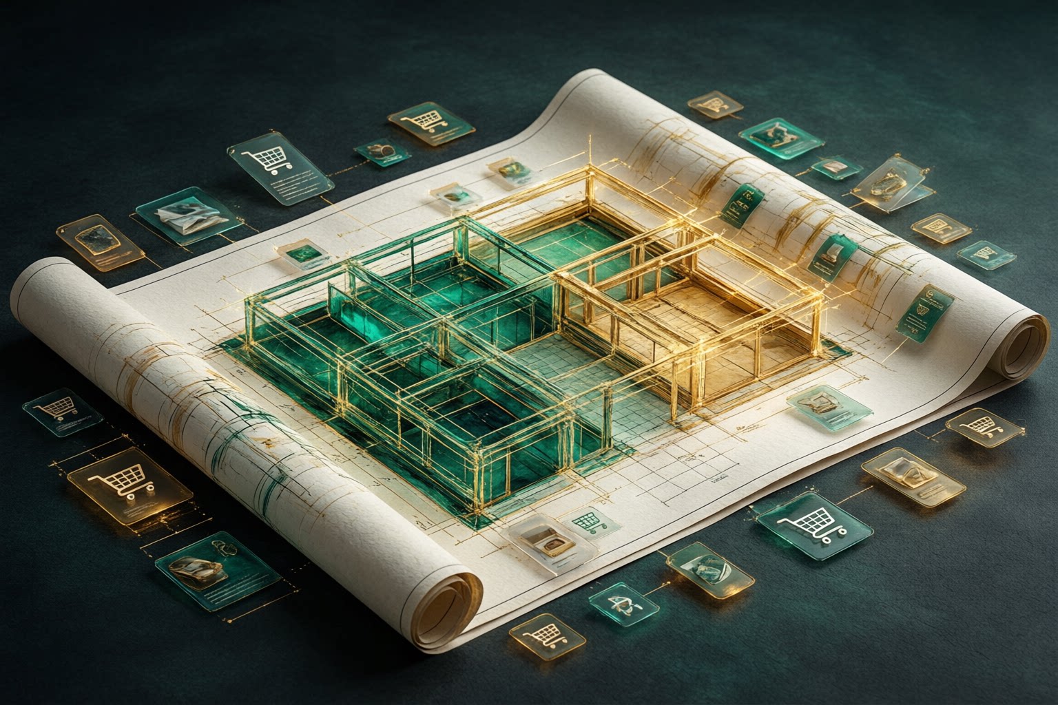 Editorial illustration of architectural blueprint with emerald and gold lines forming a digital storefront framework on dark charcoal surface