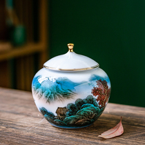 Qipai landscape painting ceramic tea cans national master Liu Peizhus hand-painted tea storage cans tea utensils household ornaments