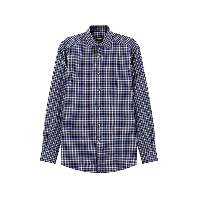 Zegna SS24 格纹翻领单排扣长袖衬衫 男款 海军蓝色