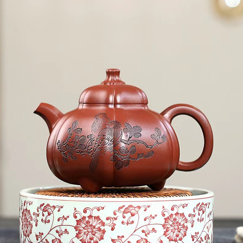 Arts and crafts artist Zhou Hongming original ore purple mud (ribbed milk tripod) capacity 420ml