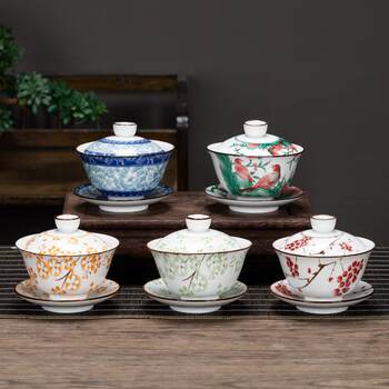 ຖ້ວຍຊາມ ceramic sancai ສີຟ້າແລະສີຂາວ kung fu ຊາຊຸດຊາໂຖປັດສະວະ retro ຊາໂຖປັດສະວະຊາດຽວໃນຄົວເຮືອນ porcelain ສີຂາວສູງ