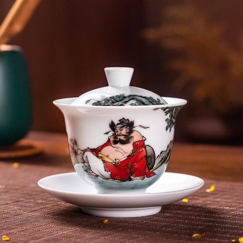 Creative hand-painted glaze Lower colour three-only cover bowls Man painting tea cup Master's cup Gongfu tea with healthy porcelain Liu Peizhu