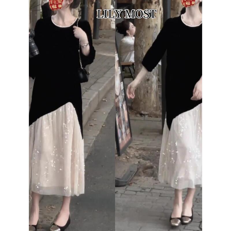 Lily Most French Hepburn-Style Sequined Mesh Patchwork Velvet Dress for Women, High-End and Elegant