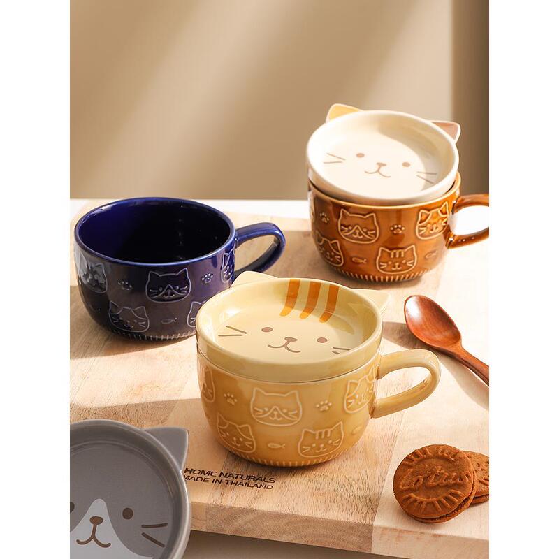 Japanese-Style Cute Mug with Lid, Cat Mug for Couples, Ceramic Coffee Milk Cup, Breakfast Cup, Oatmeal Cup Japanese-Style Cute Mug with Lid, Cat Mug for Couples, Ceramic Coffee Milk Cup, Breakfast Cup, Oatmeal Cup
