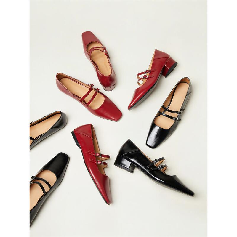 Lao K Niche Flat Square-Toed Mary Jane Shoes in Genuine Leather, French Retro Buckle Single Shoes for Women, Can Be Worn with Heels