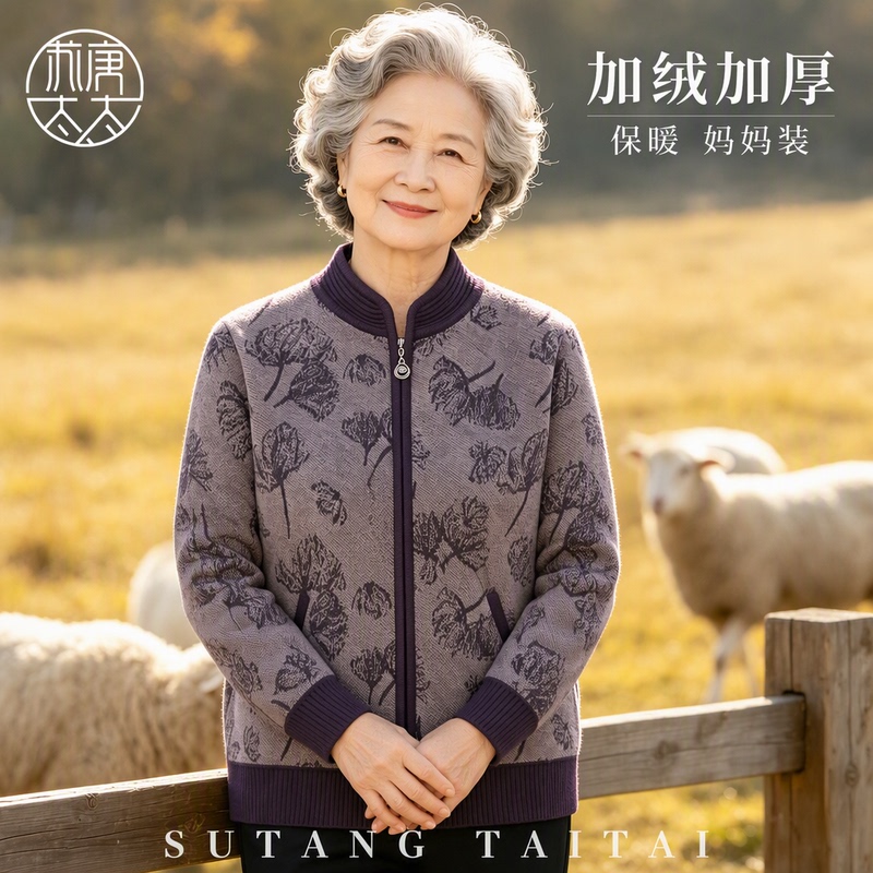 Mrs. Su Tang's Middle-Aged and Elderly Women's Autumn Clothing, Zippered Knitted Cardigan, Fleece-Lined, Thickened, Warm, Printed Mother's Clothing Mrs. Su Tang's Middle-Aged and Elderly Women's Autumn Clothing, Zippered Knitted Cardigan, Fleece-Lined, Thickened, Warm, Printed Mother's Clothing