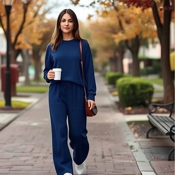 Amazon European and American Cross-Border 2025 Autumn and Winter New Women's Clothing with Pockets Drawstring Pure Color Versatile Casual Fashion Suit