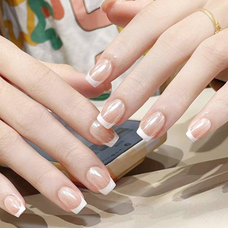 High-End Whitening Nail Patches with Gradient Nude Color and French White Edges, Handmade Wearable Nails in a Simple Short Style High-End Whitening Nail Patches with Gradient Nude Color and French White Edges, Handmade Wearable Nails in a Simple Short Style
