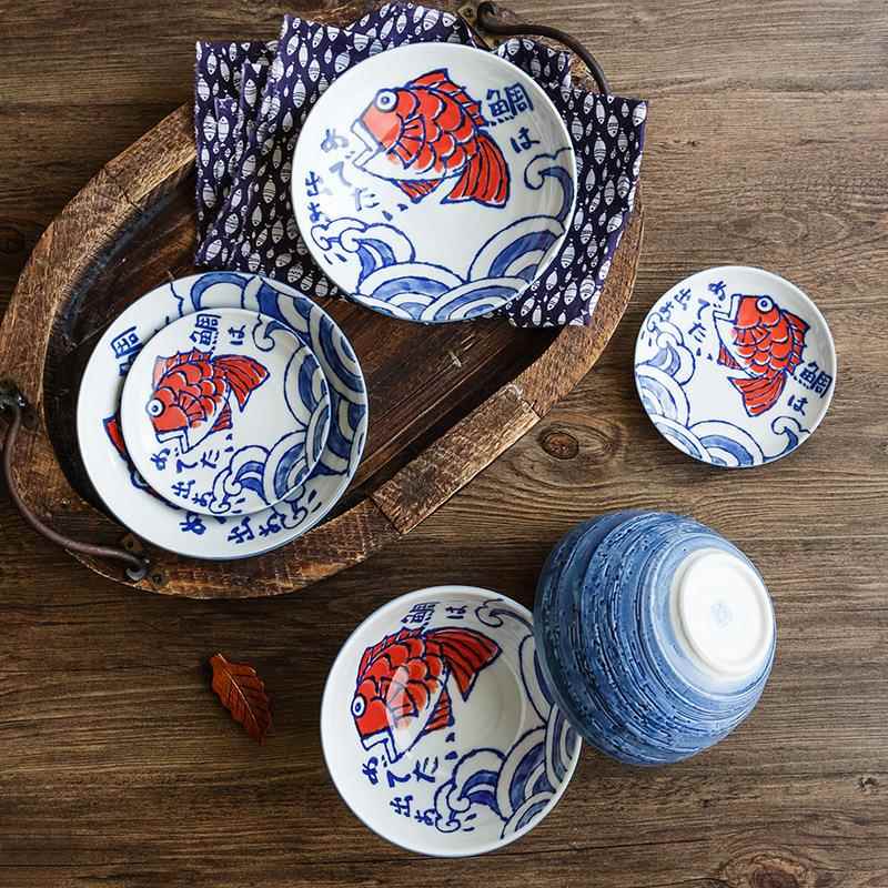 Japanese-Style Ceramic Bowls and Plates Tableware Set for Home Use, Vintage Hand-Painted Underglaze Color Rice Bowls and Plates Set Japanese-Style Ceramic Bowls and Plates Tableware Set for Home Use, Vintage Hand-Painted Underglaze Color Rice Bowls and Plates Set