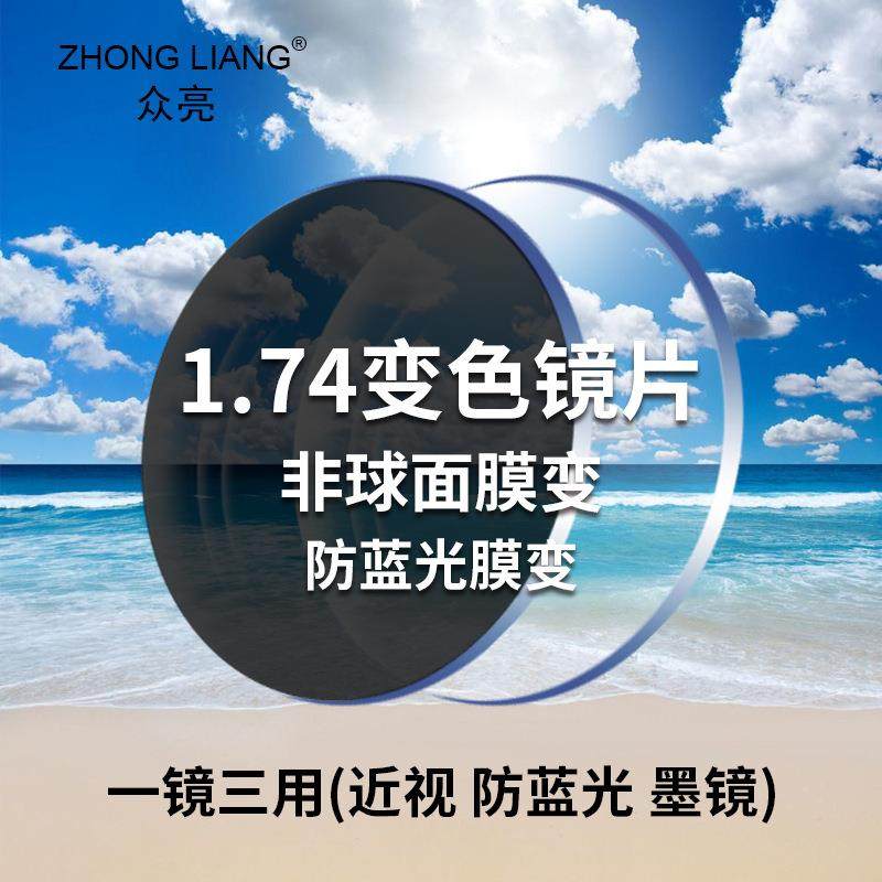 1.74康耐特變色鏡片防藍光膜變灰變茶遮光片超薄非球面加膜眼鏡片