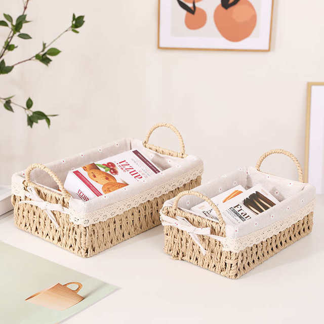 Desktop woven storage basket miscellaneous snacks toys cosmetics key storage basket straw woven dried fructose tray storage box