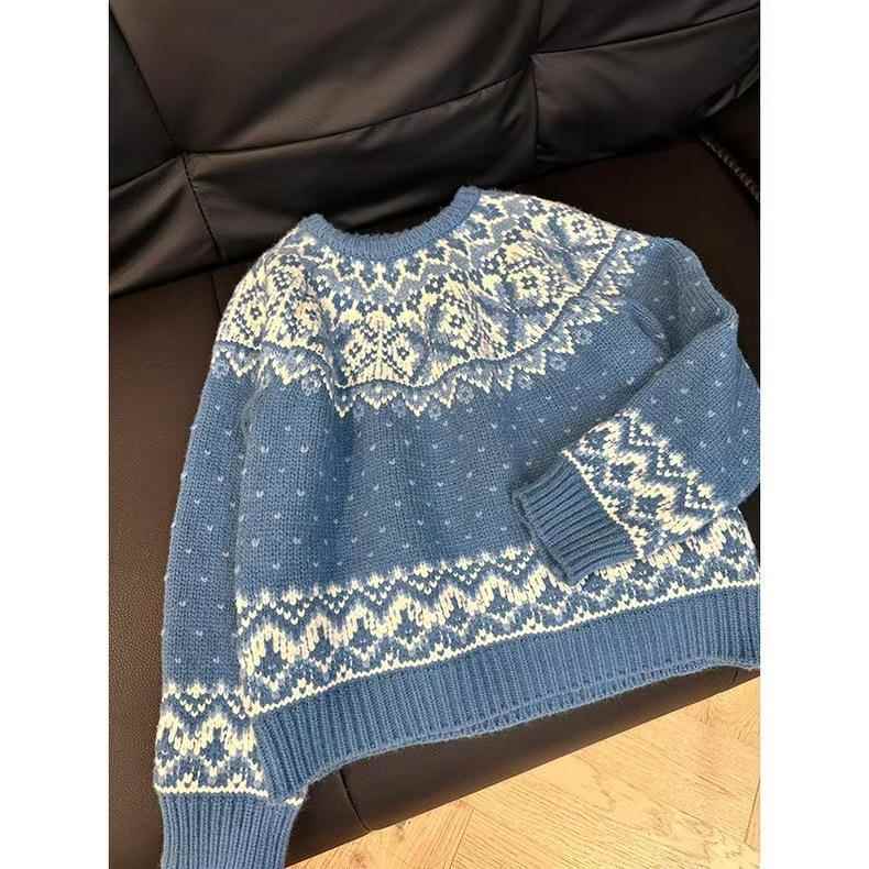 Japanese Retro Fair Isle Jacquard Sweater for Women, Autumn and Winter, Blue Vibe, Loose and Soft Knit Top