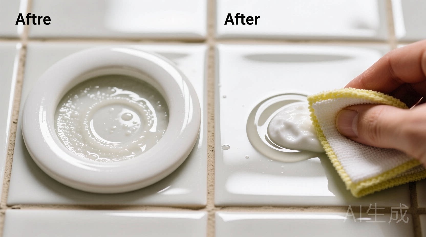 Close-up photo showing clear ceramic tile before (cloudy white rings) and after (spotless, reflective surface) application of baking soda-vinegar paste with microfiber cloth