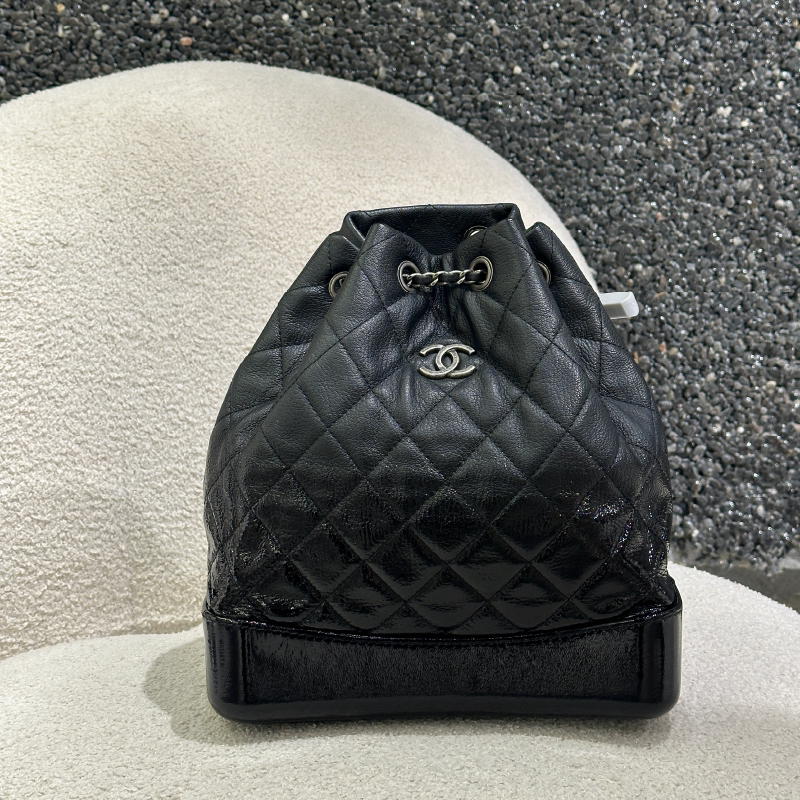 [98% New] Chanel Patent Leather Wander Logo Double Chain Leather Backpack Black