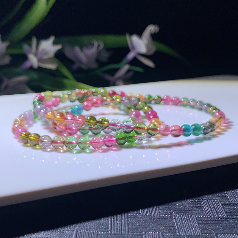 Brand new beads 5 2 mm weight 25 2 g natural Brazilian tourmaline three-circle bracelet female rainbow bracelet 26100