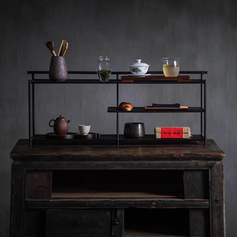 Iron tea shed black Bogu rack tea Japanese tea shed storage table display art rack tea room tea space tea set cabinet