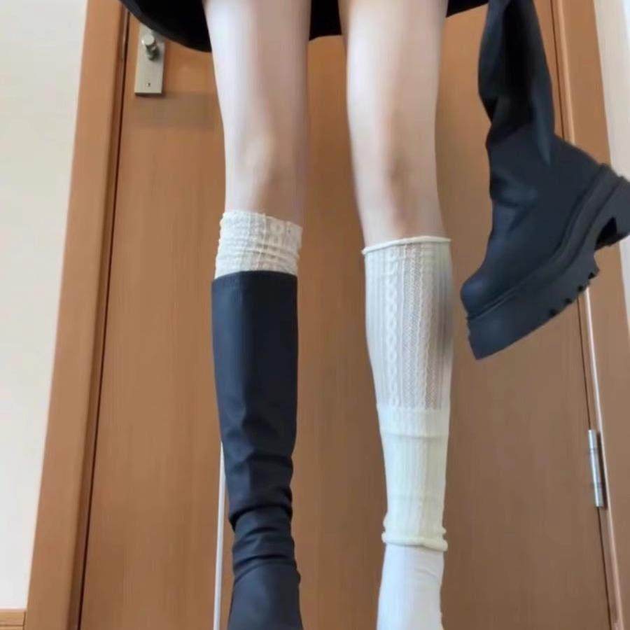 White Lace Trim Sock Covers for Women, Autumn and Winter Mid-Calf Bubble Socks, Leg Warmers, Long Socks to Match Long Boots, Calf Socks