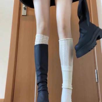 White Lace Trim Sock Covers for Women, Autumn and Winter Mid-Calf Bubble Socks, Leg Warmers, Long Socks for Pairing with Long Boots, Calf Socks