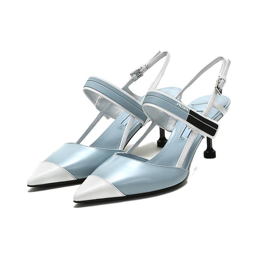 PRADA 普拉达 皮革拼色尖头高跟凉鞋 女款 蓝白 - 图1