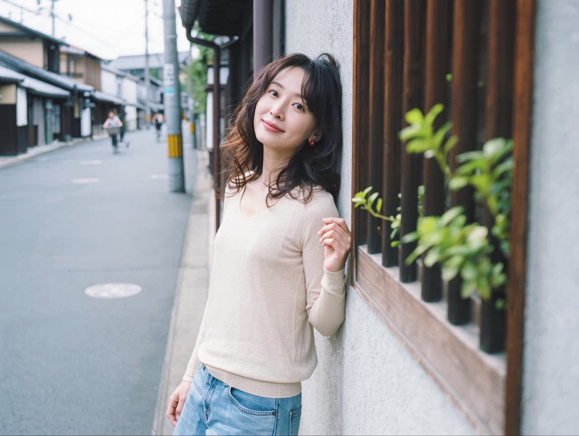 主体是一位年轻女性，外形呈现日式胶片风的自然素颜风格，留着带有细碎刘海的黑色长发，面部带 有自然的雀斑，身着简约的深色上衣她身体微侧，头部轻靠向画面右侧（疑似倚靠在座椅上），眼神 直视镜头。拍摄角度为近距离平视角度，贴近日常抓拍的视角。景深为浅景深，人物面部（尤其是眼 部与雀斑）清晰锐利，背景元素呈现自然柔化；焦点落于人物眼部，平静的眼神。画面质感呈现出浓郁的胶片颗粒感，胶片颗粒均匀分布且带有轻微的暖调滤镜感。