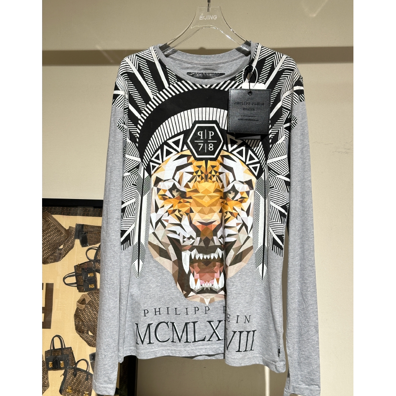 [99% New and Unused] Philipp Plein Gray Sweatshirt with Logo Print, Fashionable Round-Neck Top