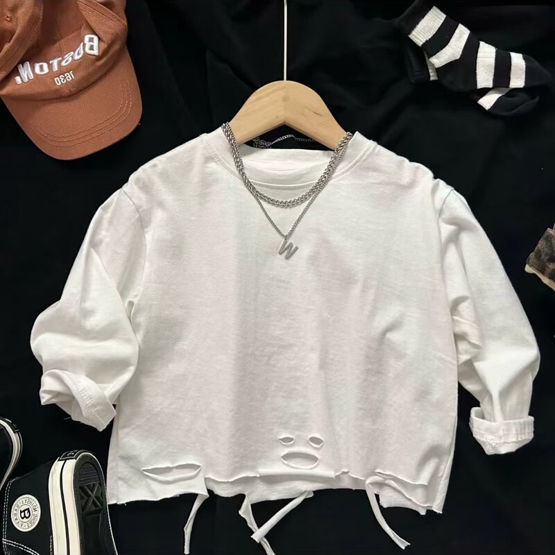 Boys' Ripped Long-Sleeve T-Shirt, New Spring and Autumn Style, Stylish Casual White Loose Top for Children Boys' Ripped Long-Sleeve T-Shirt, New Spring and Autumn Style, Stylish Casual White Loose Top for Children