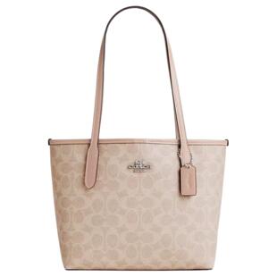 COACH蔻驰 City 23 帆布拼皮革单肩手提包 中号 女款 银色拼沙色