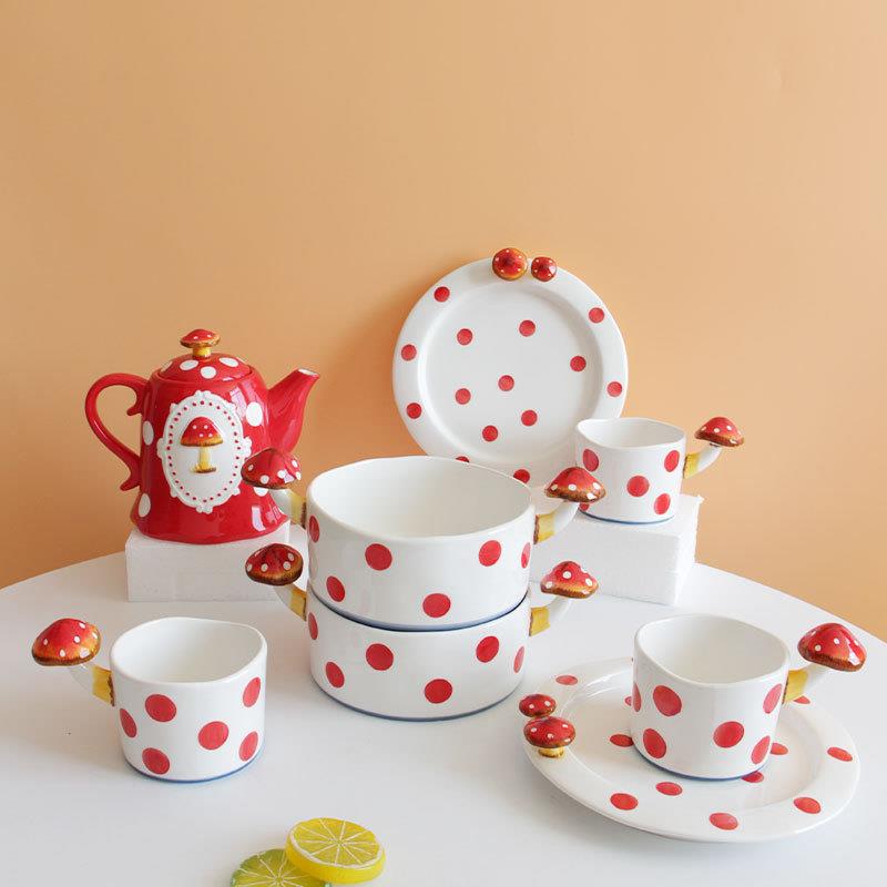 Square Ceramic Plate Japanese Style Trendy Mushroom Fruit Household High-Temperature Resistant Dish Plate Bowl Set Snack Living Room Tableware