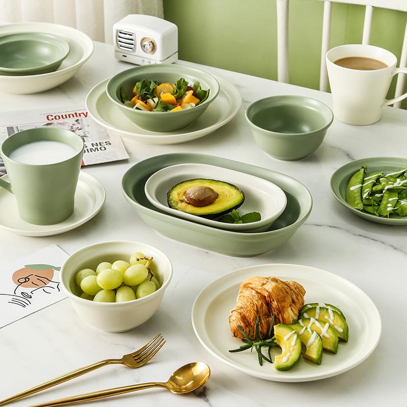 Scandinavian Ceramic Tableware Set and Dish Combination Green Simple Rice Bowl Plate Home Dish Plate Dinner Plate Salad Bowl Housewarming