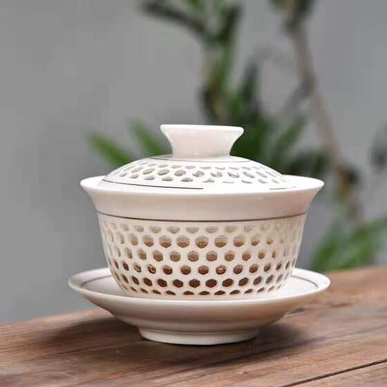 Exquisitely Carved Hollow Three-Piece Lidded Tea Bowl, Single Tea Cup, Large Ceramic Tea Set, Jingdezhen Glass Creative Design