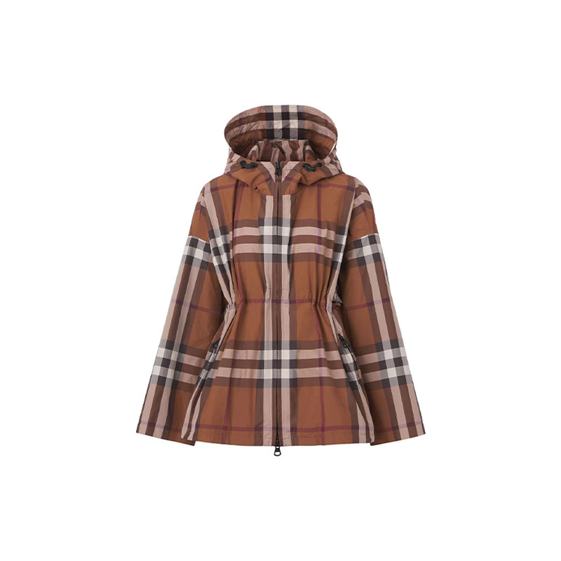 Burberry/Burberry Hooded Fashionable Plaid All-Over Print Zip-Up Long-Sleeve Jacket for Women, Brown