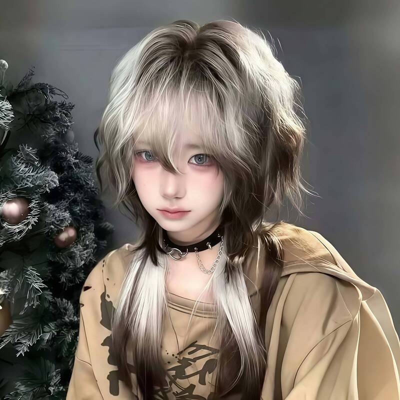Wig with Mullet Cut and Extended Wolf Tail, Youthful Style, White-Brown Gradient, Finely Crafted with Layered Texture, Realistic Hair-Like Natural Full Wig