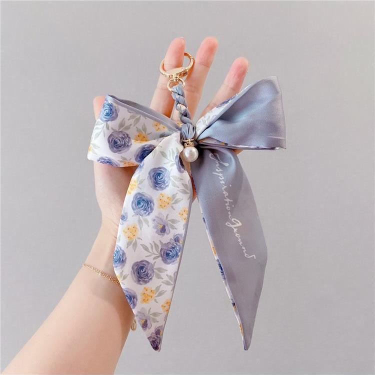 Internet-Famous Silk Scarf Bow Keychain Creative Pearl Ribbon Bow Car Key Ring Cute Bag Pendant for Women