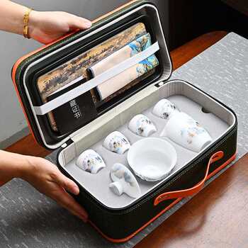 Ice type mutton fat jade porcelain outdoor travel tea set portable outdoor tea drinking ceramic tureen teacup small set