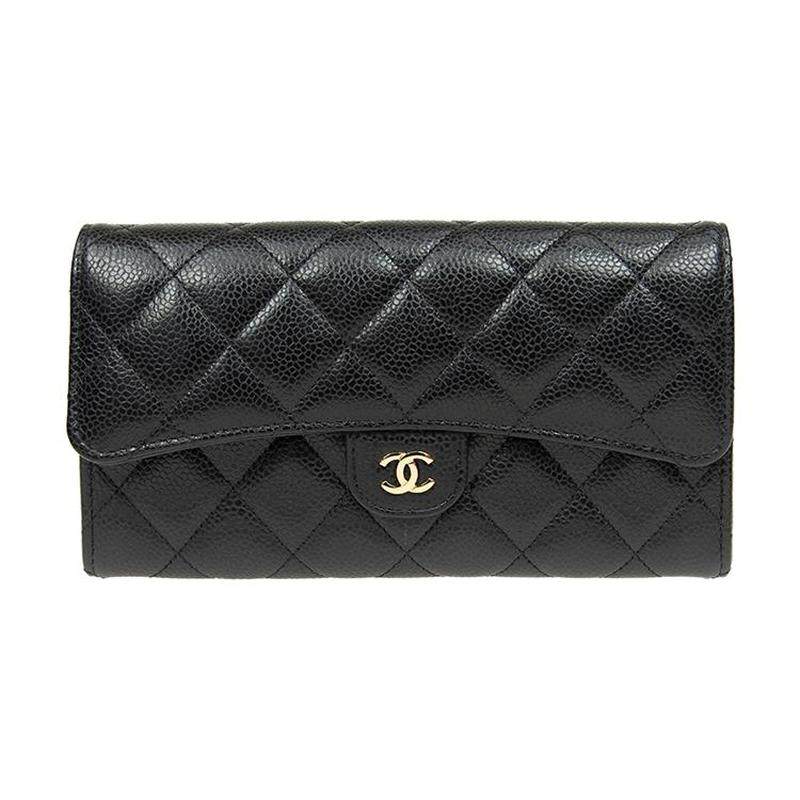 9.9新Chanel/香奈儿23P 颗粒压花小牛皮黑色女款卡包钱包