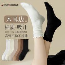 Fungus edge socks womens mid-calf socks summer thin pure cotton breathable sweat-absorbent pile socks spring and autumn white stockings Q