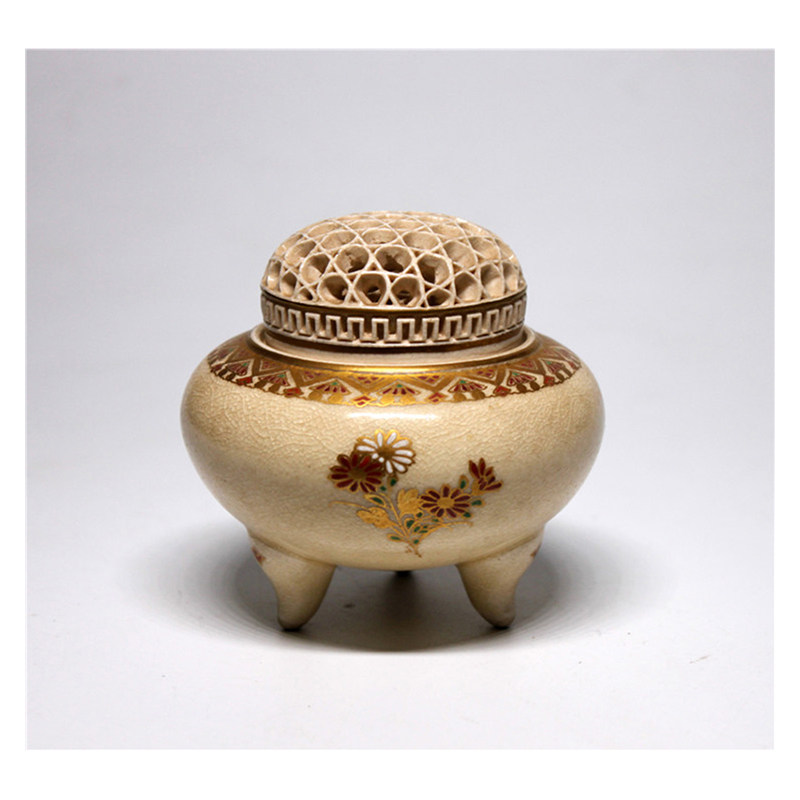 薩摩焼 白薩摩透かし菊彫香炉 有水武則作 ヒビ有 M