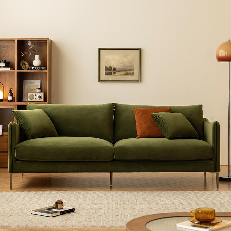 Retro style velvet sofa, small apartment furniture, fabric sofa, living room, simple modern straight row three-person sofa