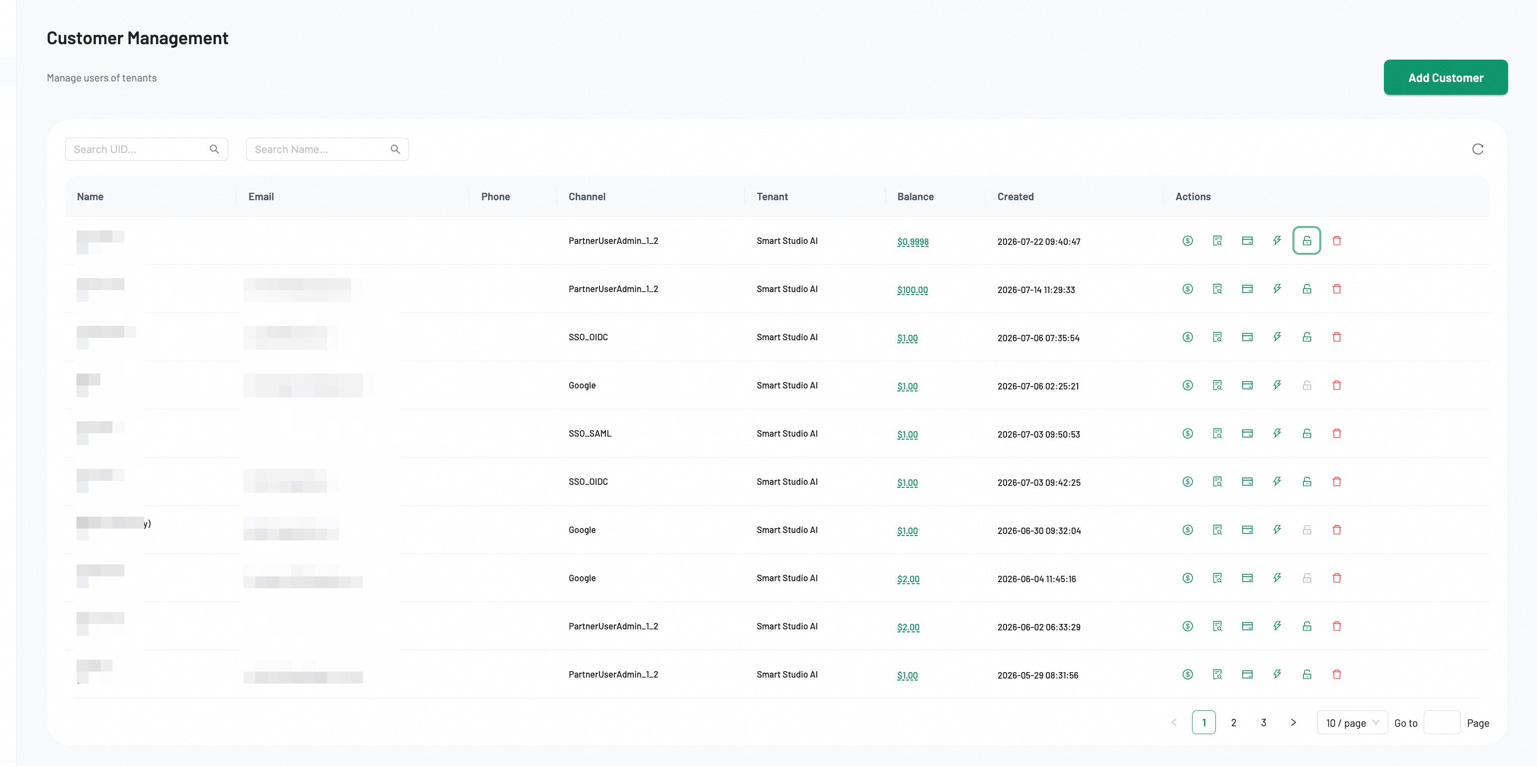 Customer Management — customer table with search by UID/Name, balance, channel, tenant columns, and edit/delete actions