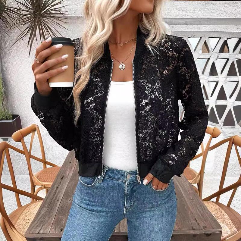 European and American Cross-Border 2025 Autumn and Winter New Elegant Women's Jacquard Lace See-Through Zipper Short Jacket Top Coat European and American Cross-Border 2025 Autumn and Winter New Elegant Women's Jacquard Lace See-Through Zipper Short Jacket Top Coat