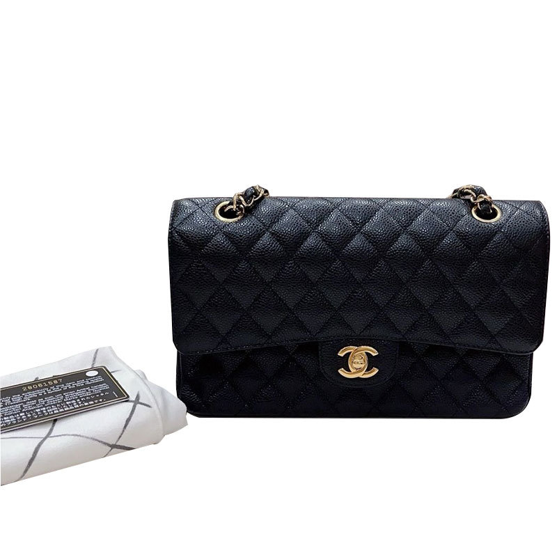 【 40% off Instant Purchase 】98% New Chanel Cf Lychee Leather Medium Black and Gold Women's Shoulder Bag Authentic